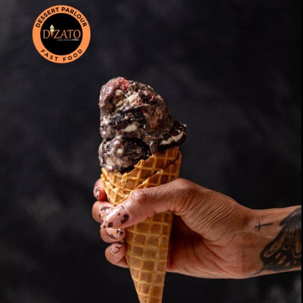 Waffle cone filled with Oreo-flavoured ice cream from Dizato Dessert Parlour